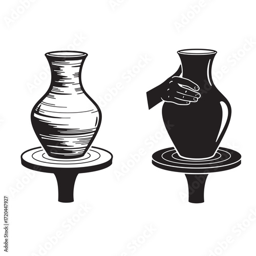 Ceramic pottery process illustration depicting wheel made vase and hands shaping clay