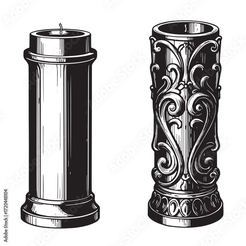 Detailed black and white illustration of two elegant candle holder designs