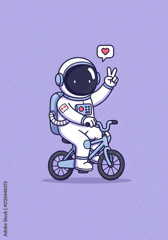 Obraz premium Cute Astronaut Riding Bicycle with Peace Sign and Heart Icon