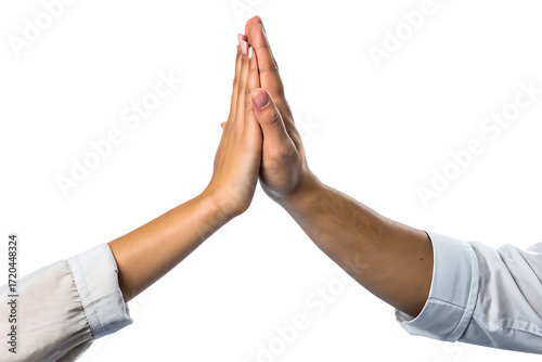 high five gesture between two people isolated on white background, png, ai generated