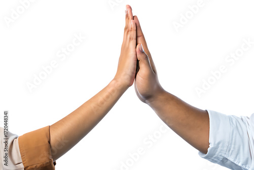 high five gesture between two people isolated on white background, png, ai generated