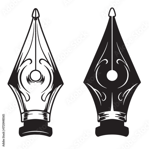 Elegant black and white illustration of two classic fountain pen nib designs for writing and art