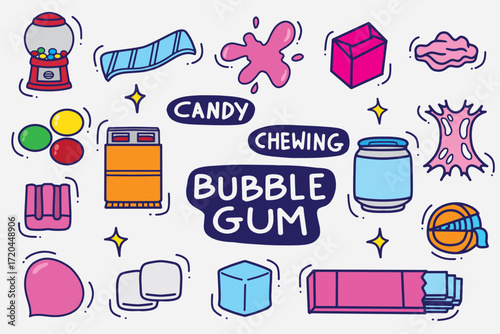 set of bubble gum doodle with color good for background, wallpaper, element design, icon, etc