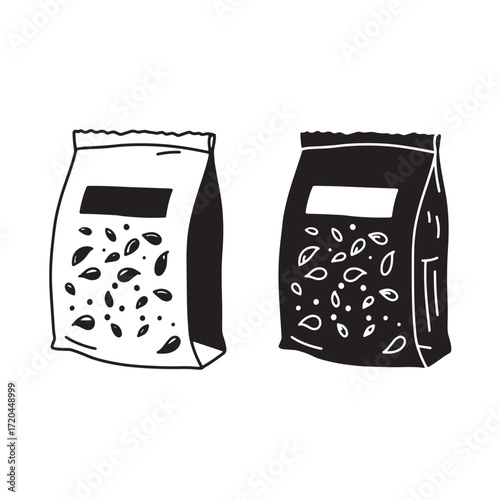 Hand drawn black and white bags of seeds illustrating food and natural products