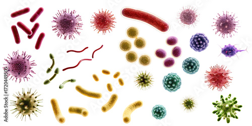 set of different bacteria microbes and viruses isolated on white background, png, ai generated