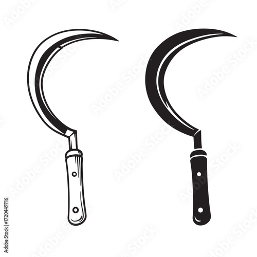 Hand drawn sickle vector illustration in black and white for farming or harvest concept