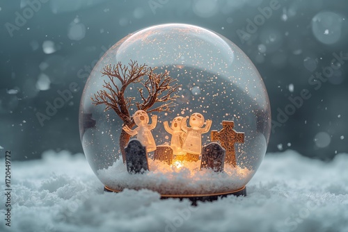 Christmas Snow Globe Winter Decoration: Festive Holiday Ornament with Lighted Figurines in a Snow-Covered Wonderland Scene at Family Celebration