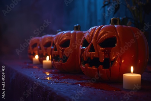 Spooky Halloween Night: Eerie Pumpkins and Candles in a Horror-Themed Autumn Celebration with Gore Decorations and Blood Effects
