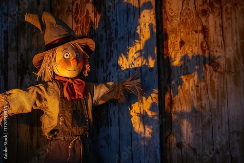 Autumn Harvest Celebration with Smiling Scarecrow in Rustic Farm Decoration for Halloween