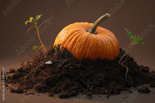 Autumn Harvest of Orange Pumpkins and Roots in Rural Farm Soil: A Nature and Agriculture Still Life
