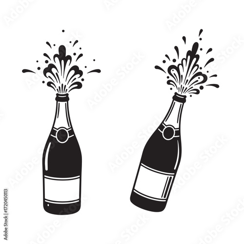 Two black and white champagne bottles popping isolated on a white background for celebration