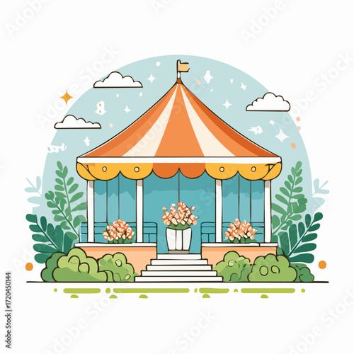 Orange and Teal Striped Gazebo with Flowers