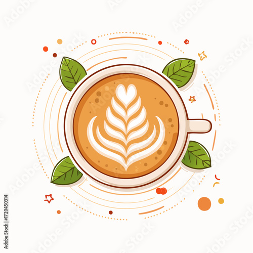 Cappuccino Coffee Cup Latte Art Top View Illustration