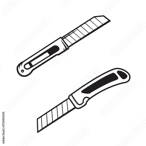 Two black and white line art illustrations of utility knife blade and retractable handle