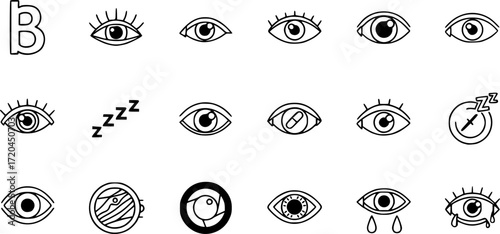 Eye vector icons. Human eyes, vision and view illustration signs. Eye icon. Visible, sleep and medicine supervision observe, lens or cry symbols set.
