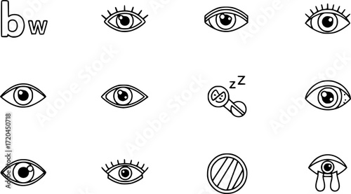 Eye vector icons. Human eyes, vision and view illustration signs. Eye icon. Visible, sleep and medicine supervision observe, lens or cry symbols set.
