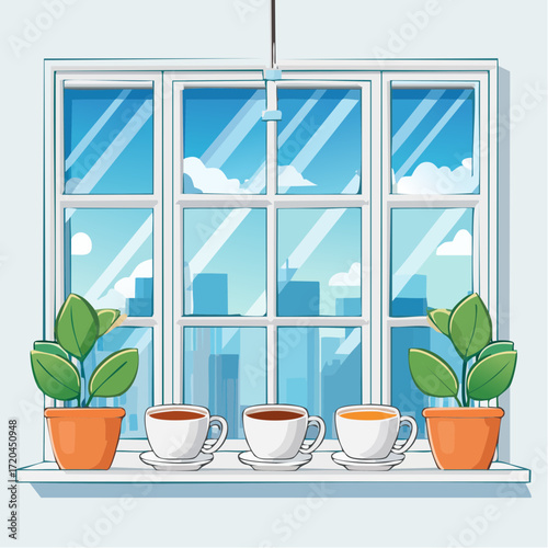 Three Cups of Tea on Windowsill with City View