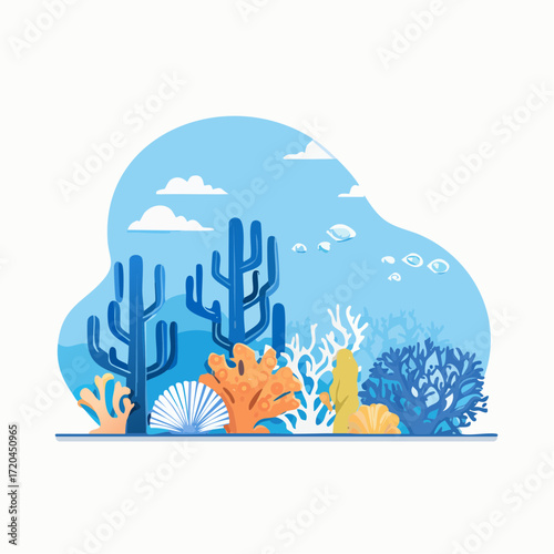 Vibrant Underwater Scene with Blue and Orange Corals