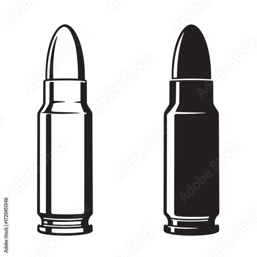 Vector illustration of two bullets one black and one white representing weaponry and defense