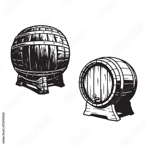 Vintage engraved illustration of two beer barrels isolated on white background