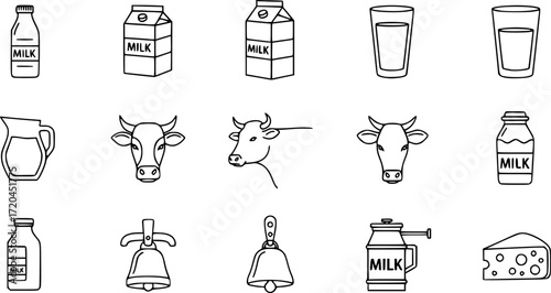 Premium set of milk and cow line icons.
