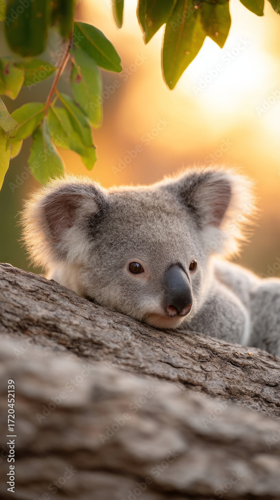 Fototapeta premium Koala resting in tree hollow at sunset with emotive scenery