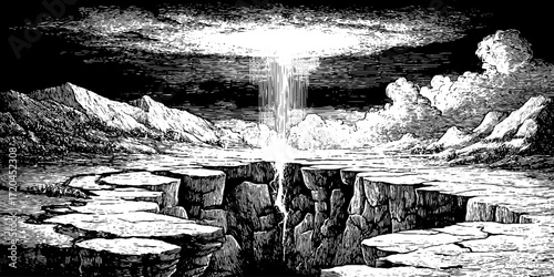 Dramatic volcanic landscape with cracks and erupting lava in vintage engraving style for design projects