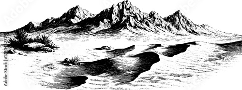 Intricate engraving of desert landscape with rippled sand and mountains
