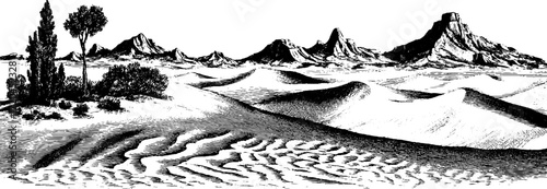 Vintage hand drawn engraving of desert landscape with sand ripples for retro design