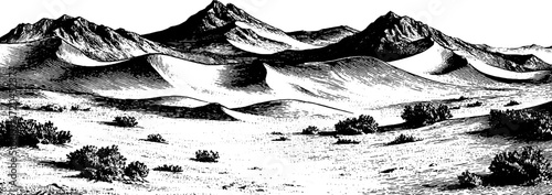 Vintage hand-drawn engraving of desert sand dunes with mountains for design and decor