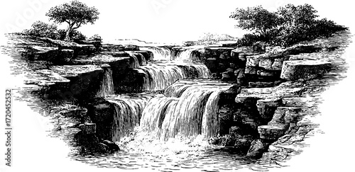 Vintage engraving of a cascading waterfall seamless background for retro design