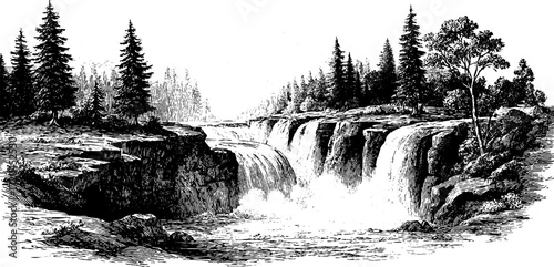Hand drawn engraving style seamless waterfall landscape with cascading waters and forest scenery