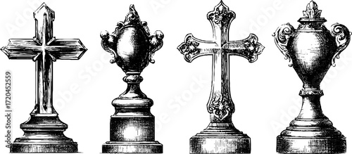 Vintage engraving style silhouettes of crosses and trophies for retro design and decoration