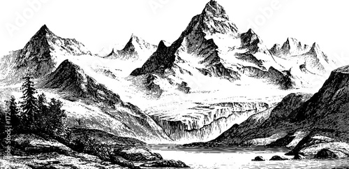 Engraving style seamless mountain glacier landscape - vintage design for patterns and textiles