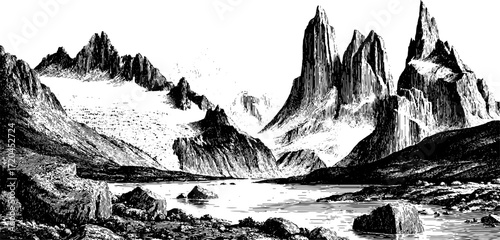 Vintage seamless glaciers scene in engraving style for retro design