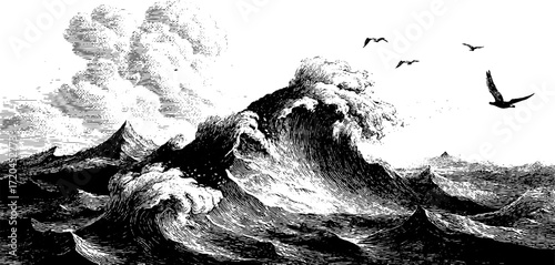 Engraving style seamless background of ocean waves and birds for nautical-themed design