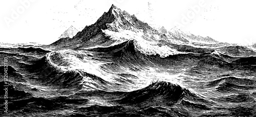 Vintage engraving style seamless ocean wave and mountain scene for retro design