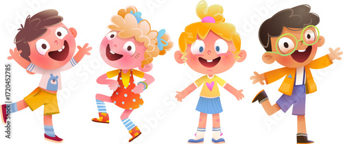 Cute funny kindergarten kids boys and girls dancing and playing. Vibrant playful children characters collection for party or childhood event. Kids laughing and dancing vector clip art collection.