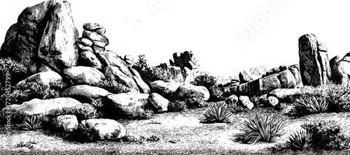 Vintage engraving style seamless rocky landscape background for design projects