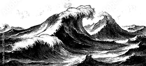 Vintage engraving seamless background of ocean waves for retro design and print