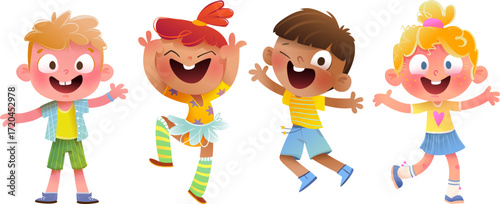 Cute happy kids boys and girls having fun and playing together. Colorful playful children characters graphic design for party or childhood event. Kids laughing and smiling vector clip art collection.