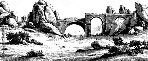 Intricate engraving pattern featuring vintage stone bridge and rocky landscape