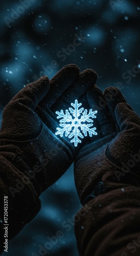 Gloved hands holding a glowing snowflake during a snowfall, creating a magical winter scene.