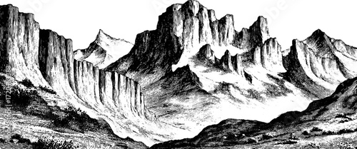 Vintage etched seamless pattern of dramatic cliffs and peaks for retro design