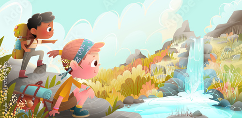 Adventurous kids hiking in the mountains discover a waterfall surrounded by trees and rocks. Children backpackers gaze in awe at the landscape mountain scenery. Vector cartoon for children adventure.