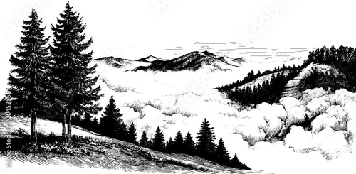 Etched landscape with fog and smoky mountain layers - vintage hand-drawn scene for design
