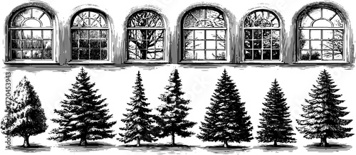 Winter frosty window and pine trees seamless pattern in etching style for print design