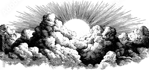 Vintage hand drawn engraving of stormy clouds with radiant sunburst for retro design