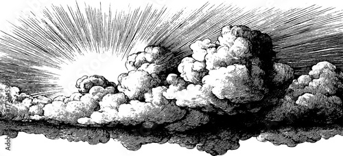Hand drawn engraving of stormy cloudscape scene with radiant sunburst