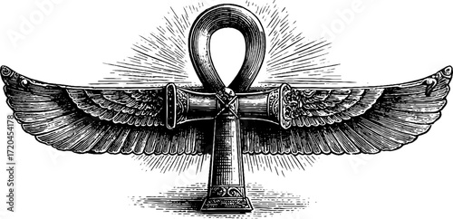 Vintage ankh egyptian cross with loop design featuring intricate winged details
